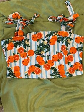 MODCLOTH X COLLECTIF Size 14 Oranges Blue/White Stripe Crop Top Retro Tie Straps